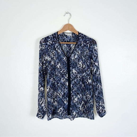 CABI Fatale Black Blue Sheer Animal Print Long Sleeve Shirt Style 977 Size Small - Picture 2 of 9
